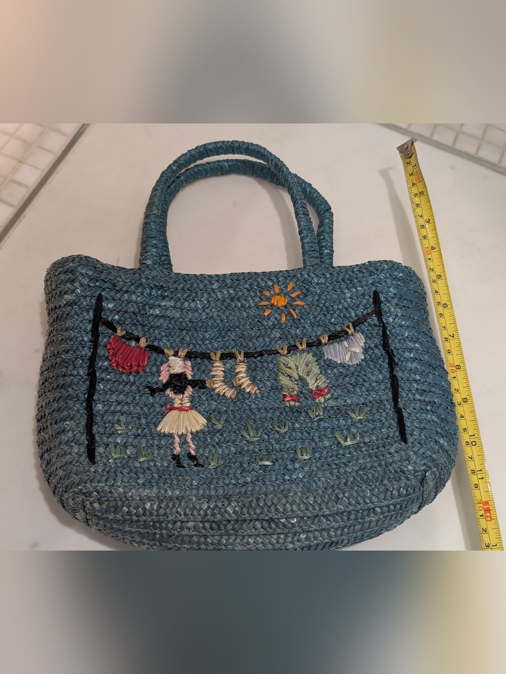 Vintage Embroidered Mini Bag Teal Blue Green Gingham Lining OS